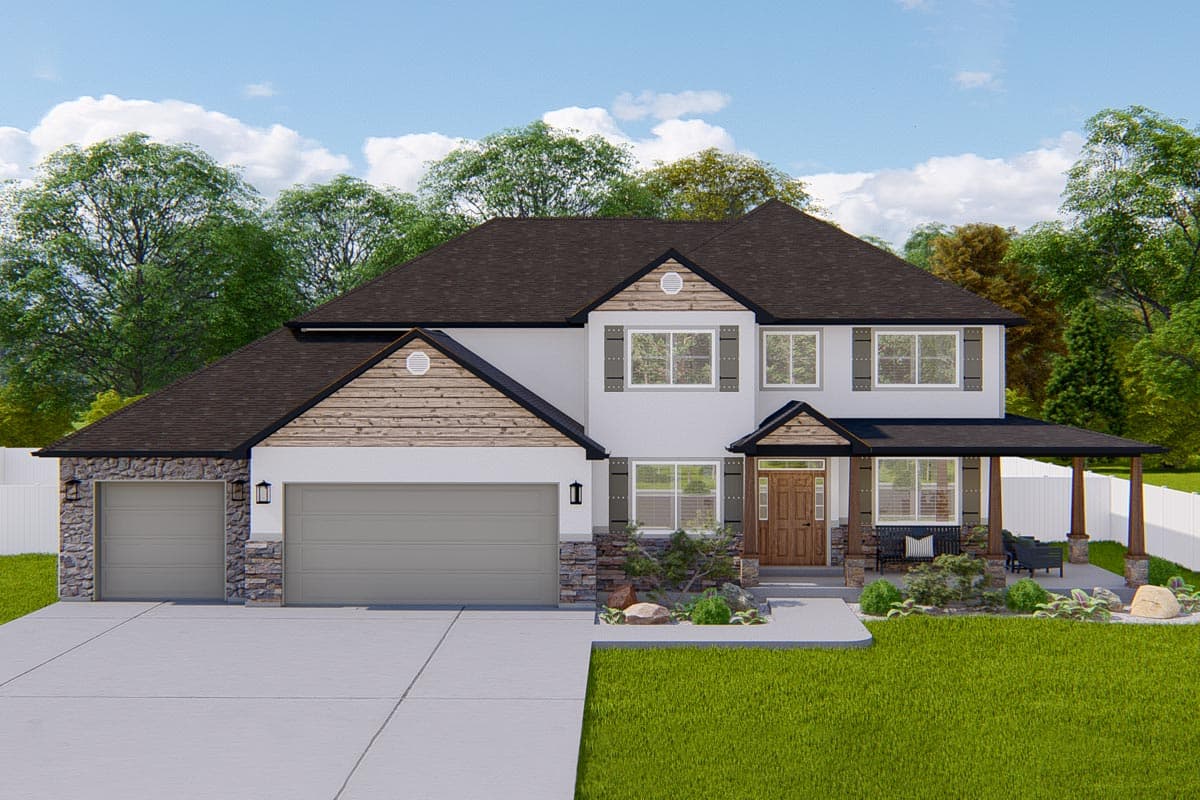 House plan exterior with two stories. Features include a front-entry porch, gabled rooflines, stone facade accents, and a two-car garage.
