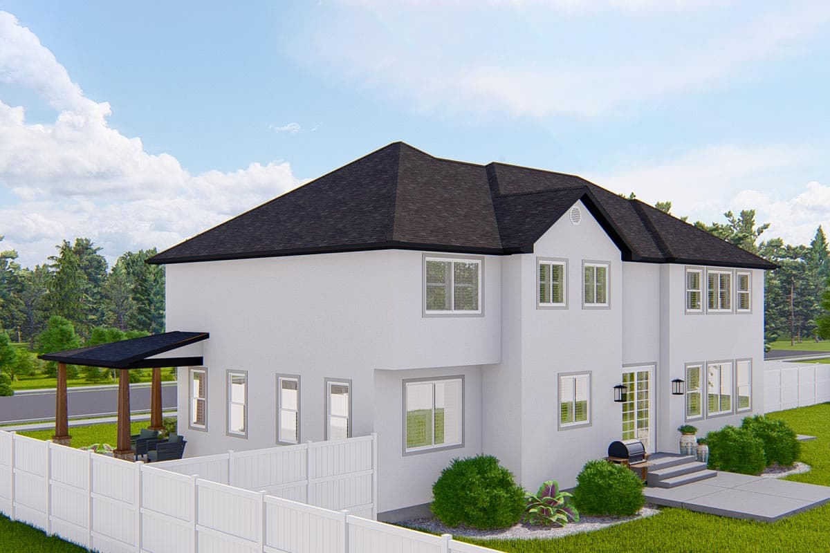 House plan exterior, two stories, white stucco, dark roof, covered patio with wood posts, multiple gables and dormers.