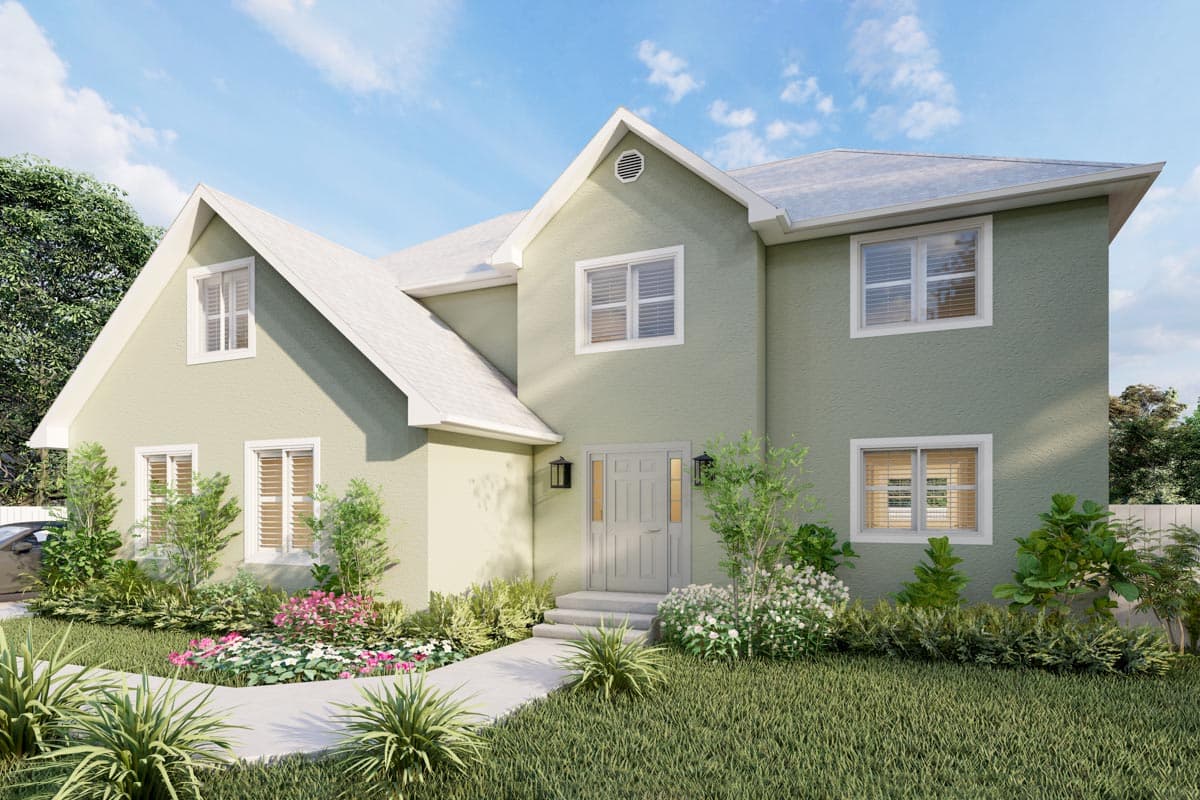 House plan exterior with two stories, gabled roof, and dormers. Features include a front entry with steps and a landscaped yard.