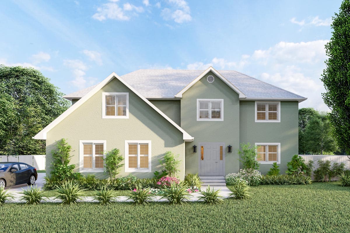 Two-story house plan exterior with gabled front, central dormer, and symmetrical window placement.