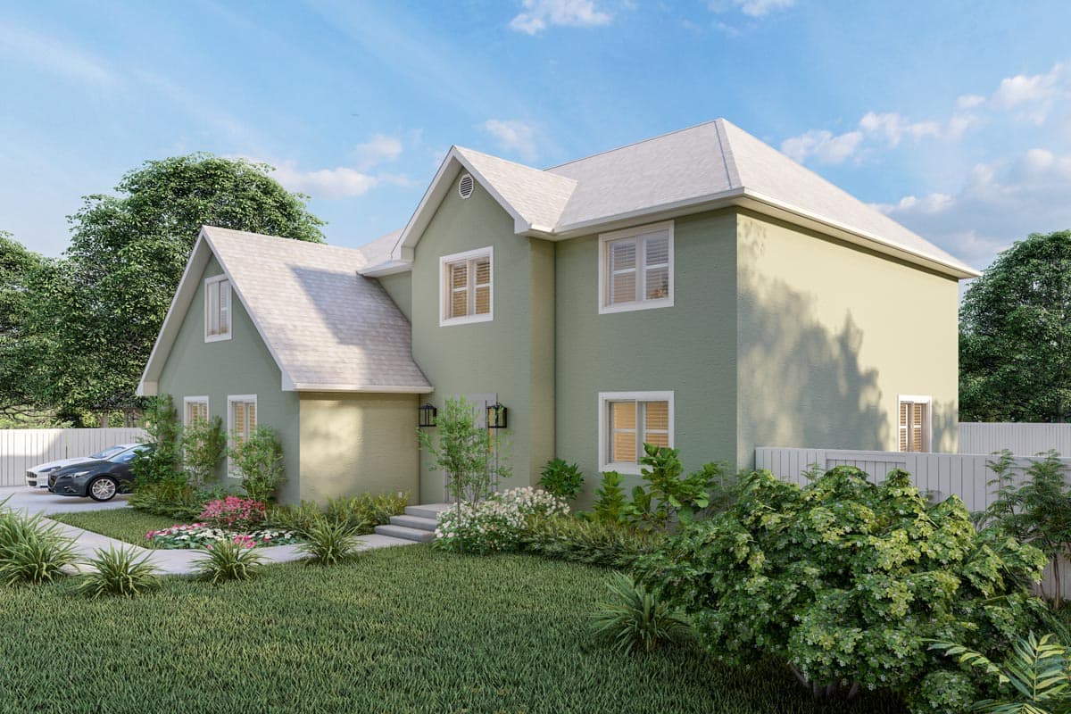 House plan exterior: two-story Modern Farmhouse with gables, dormer, and attached garage.