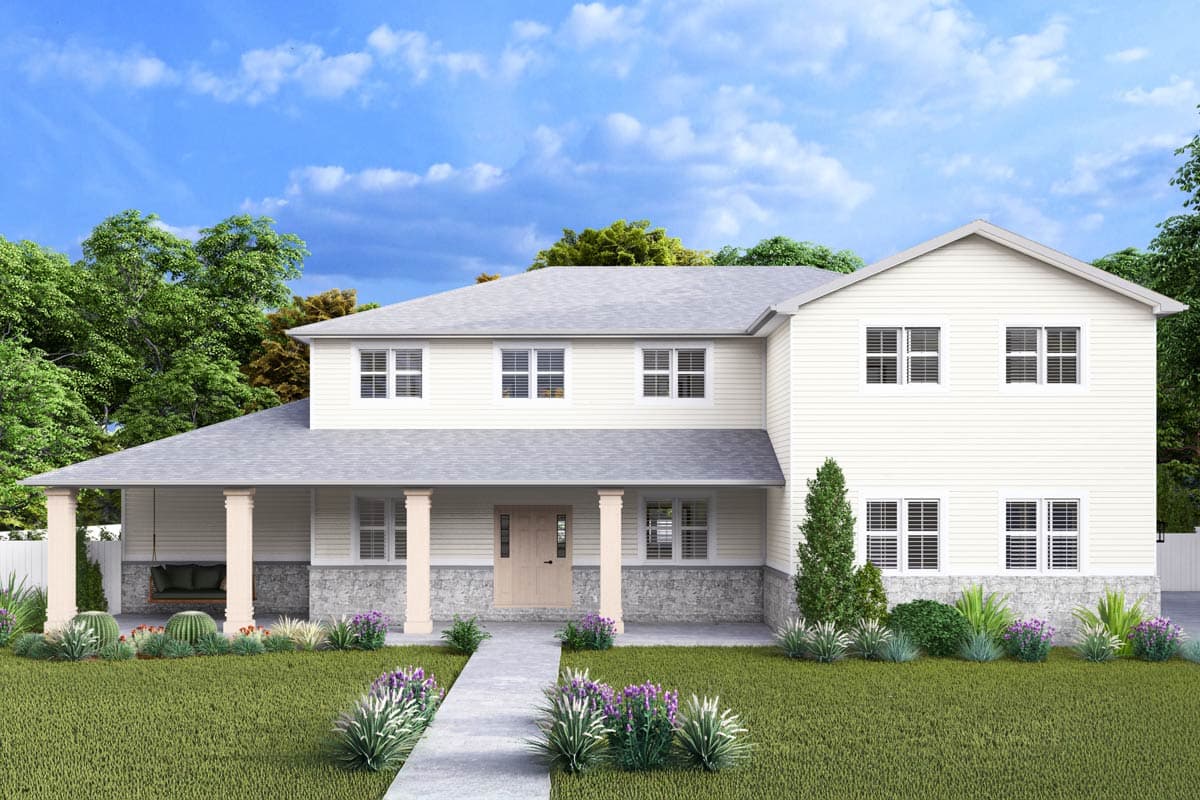 House plan exterior. Two-story home with a covered porch supported by columns. Features include gabled roof, stone accents, and multiple windows.