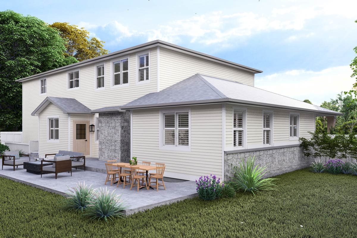 Two-story house plan exterior with siding, stone accents, covered entry, and patio with outdoor furniture.