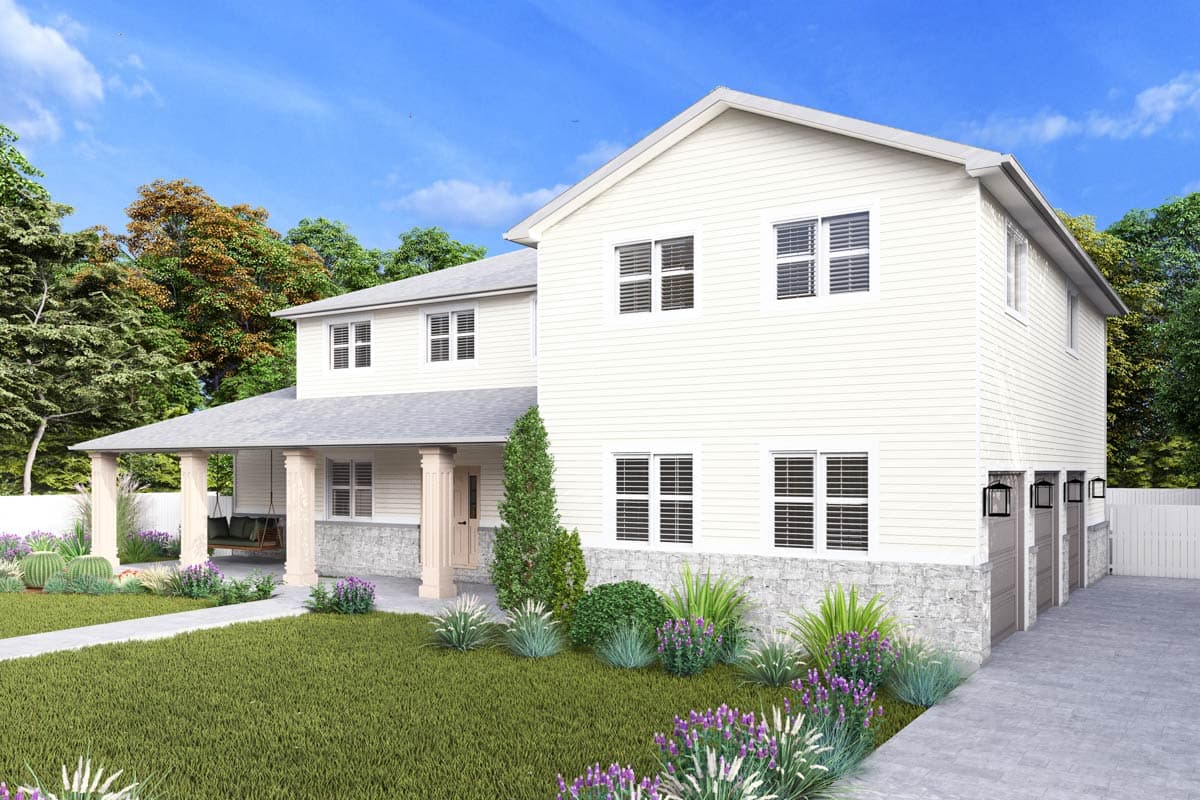 Two-story house plan exterior with a wide covered porch, stone foundation, and attached three-car garage.