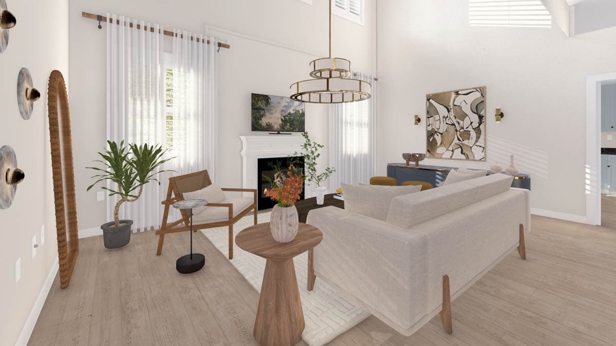 Living room rendering with fireplace, vaulted ceiling, sofa, accent chairs, and large windows.