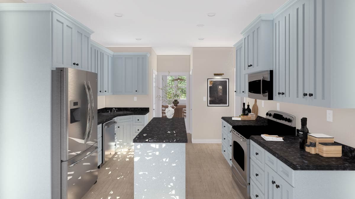 Kitchen interior with light blue cabinets, stainless steel appliances, dark granite countertops, and a central island.