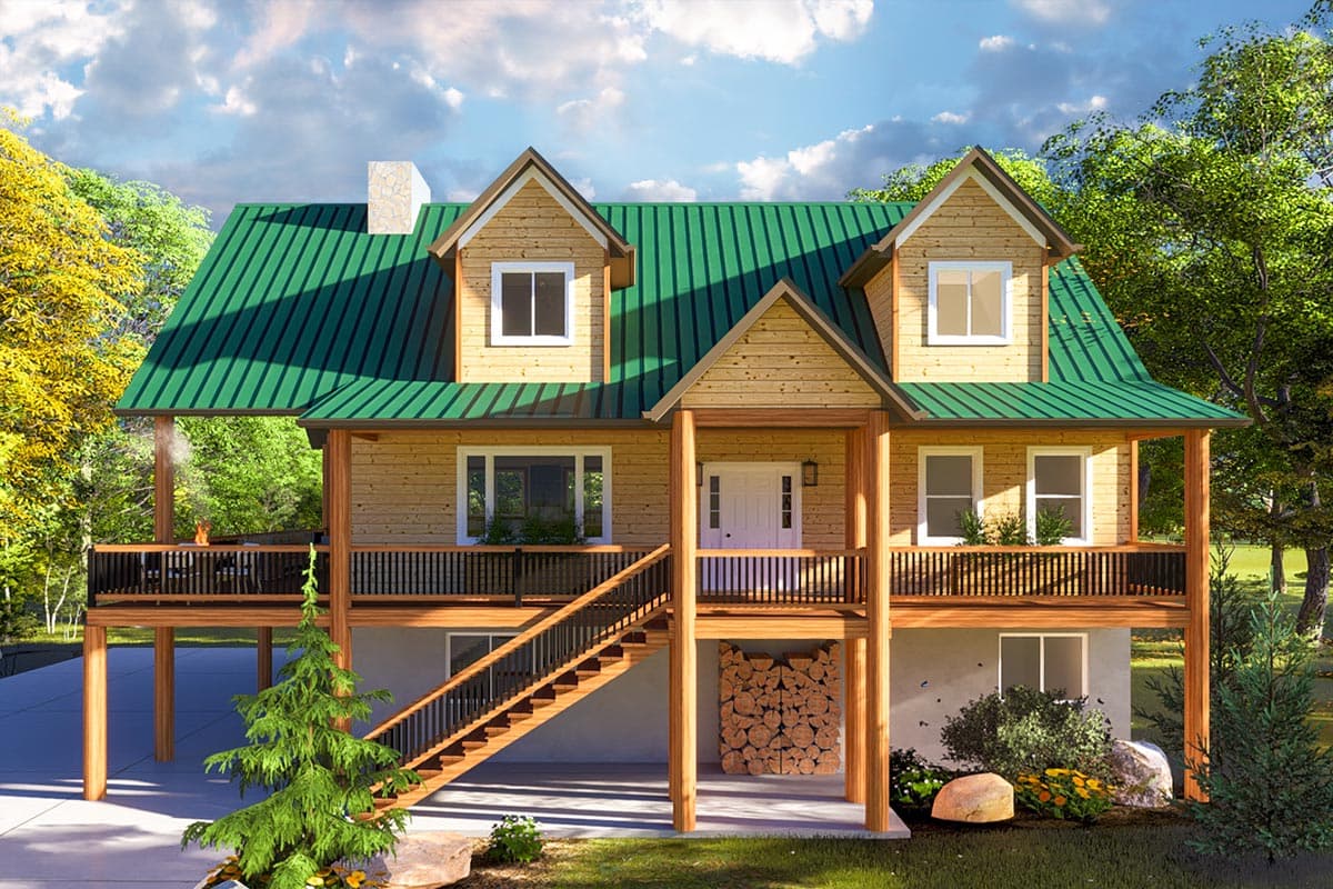 House plan exterior. Two-story cabin with a gabled roof, dormers, and a covered porch. Features include a staircase, balcony, and stone chimney.