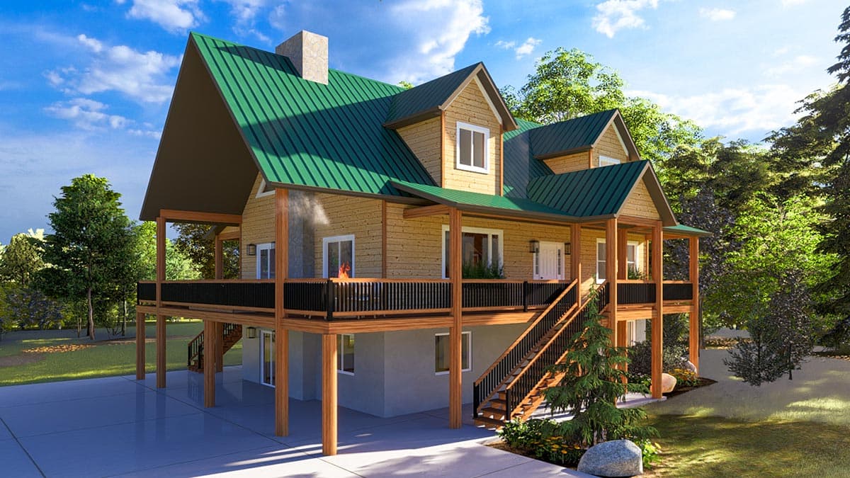 House plan exterior: Two-story wood-sided home with green metal roof, prominent gables, wrap-around porch, and outdoor fireplace.