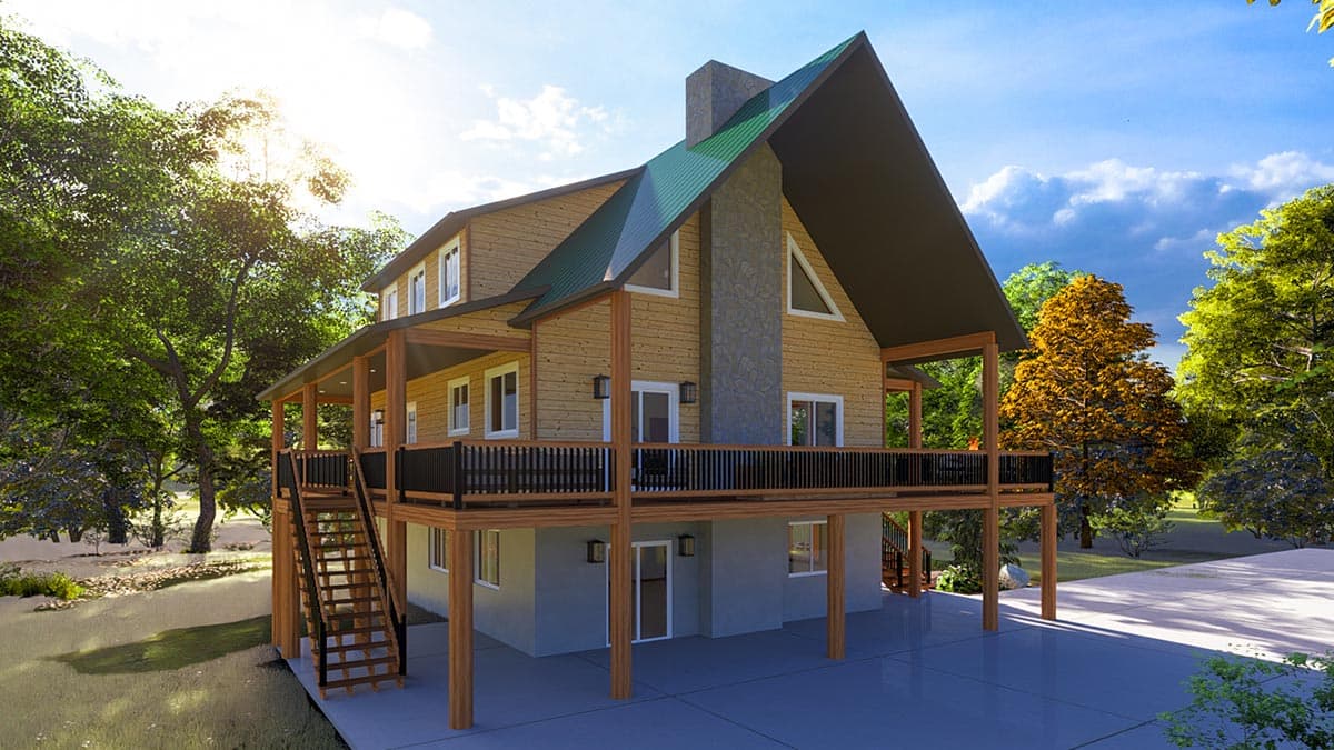 House plan exterior: two-story home with wrap-around deck, prominent stone chimney, and angled rooflines.