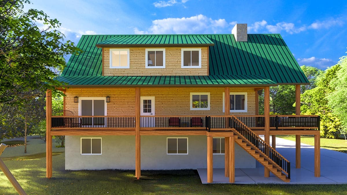 House plan exterior of two-story home with wood siding, green metal roof, wraparound porch, and exterior staircase.