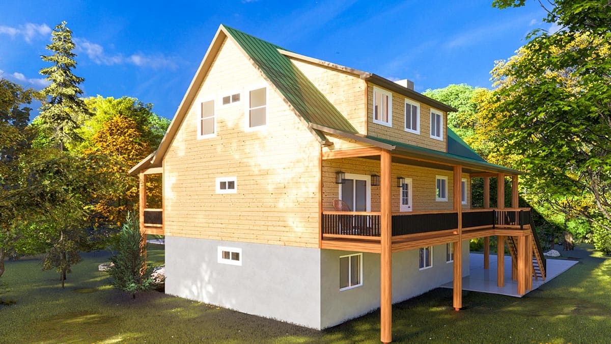 House plan exterior: Two-story wood-sided home with a wrap-around porch, green metal roof, gables, and a daylight basement.