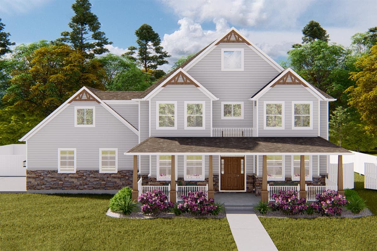 House plan exterior. Two-story Craftsman home with a front porch, gables, and dormers. Features include stone accents and a prominent roofline.