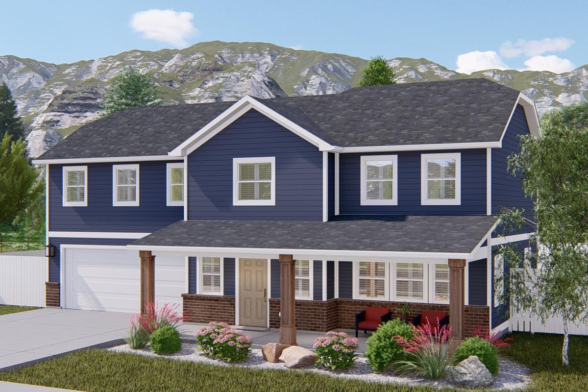 Two-story house plan exterior with a covered front porch, gabled roof, and side-entry garage.
