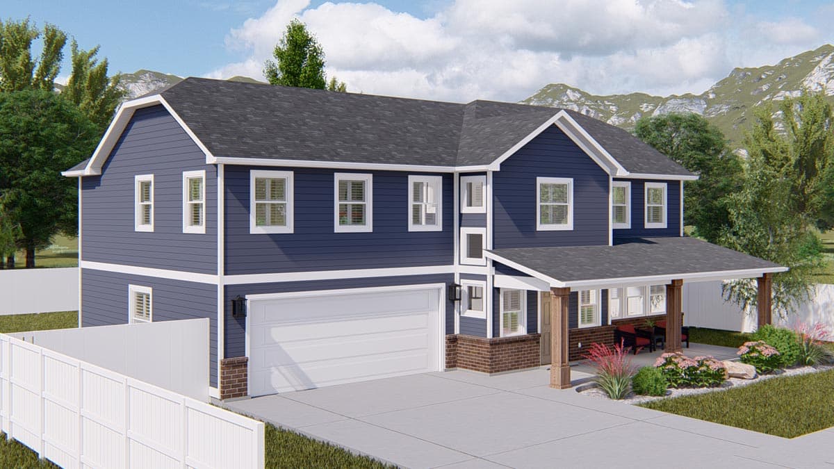 Two-story house plan exterior with a covered front porch, prominent gables, and a large garage door.