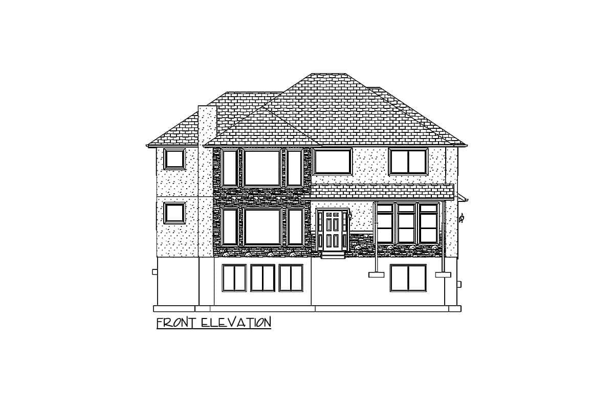 Front elevation house plan showing a two-story home with multiple gables, a prominent chimney, and varied window arrangements.