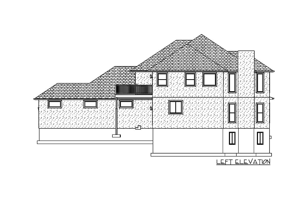 Left elevation drawing of a two-story house with multiple gables, a balcony, and a prominent chimney.