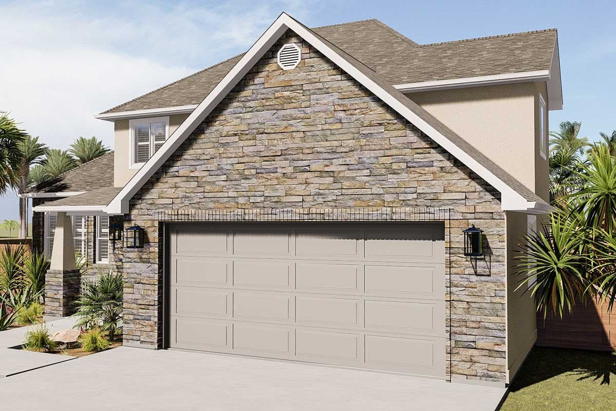 House plan exterior with stone-clad gable above a two-car garage, dormer window, and covered entry.