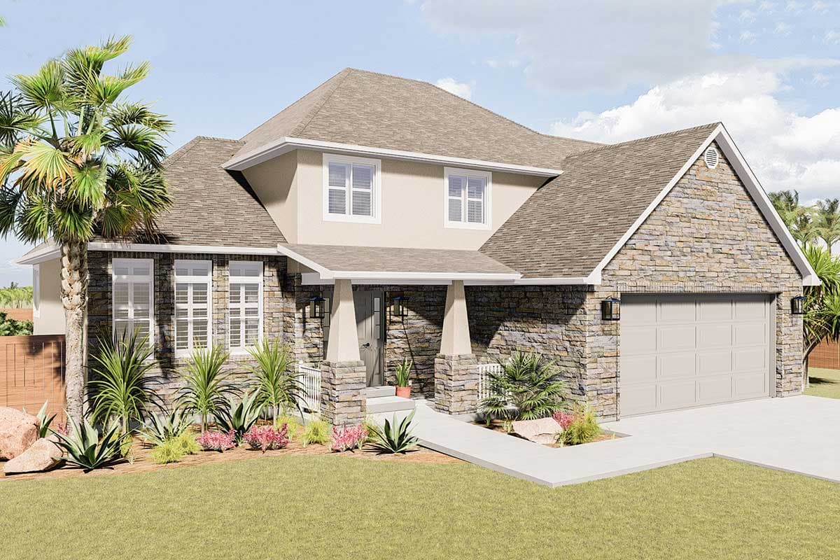 House plan exterior featuring stone accents, a covered entry porch supported by columns, and a side-facing garage.