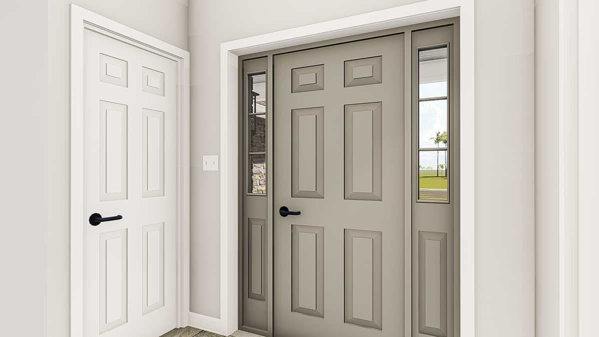 House plan rendering of a beige six-panel door with sidelights and a white six-panel door.
