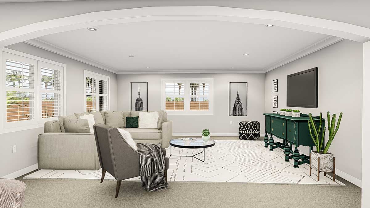 Living room rendering with sofa, chairs, coffee table, and green sideboard. Arched entryway.