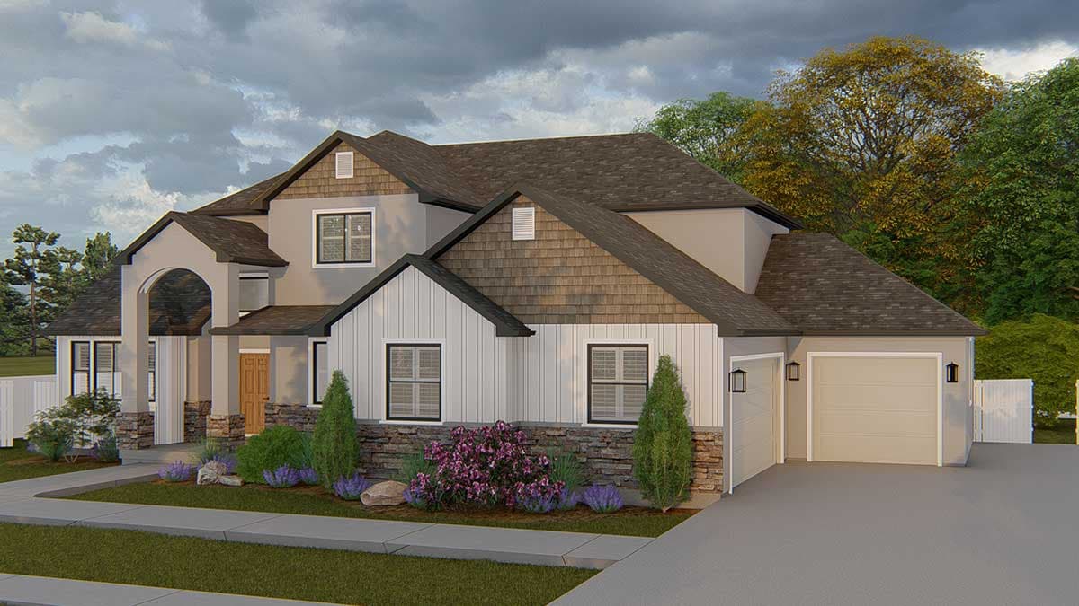 Two-story house plan exterior with arched entry, prominent gables, stone and board-and-batten siding, and a two-car garage.