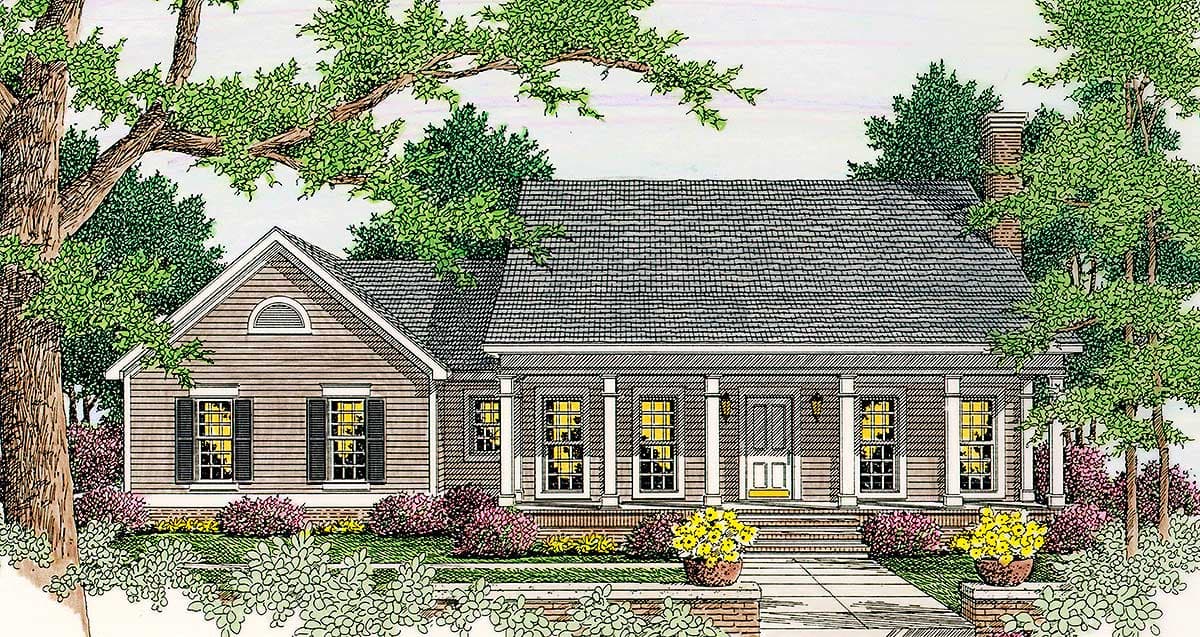 House plan exterior: Ranch style with a prominent gable, covered porch with columns, dormer, and brick chimney.