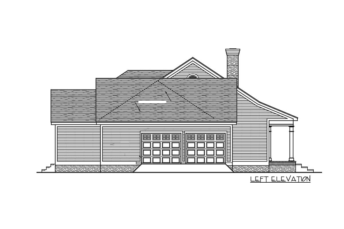 House plan left elevation with two-car garage, prominent gable, chimney, and covered entry.