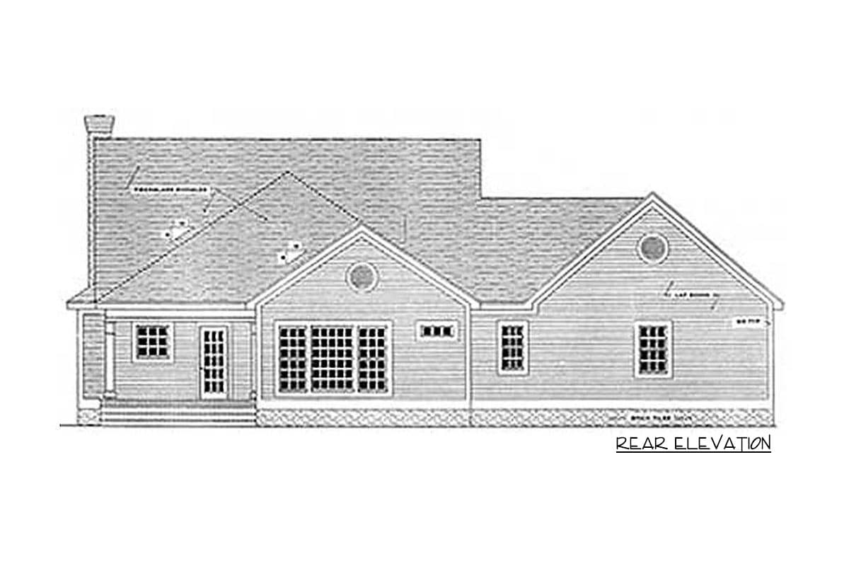 Rear elevation house plan with a prominent gable, large window array, and chimney.