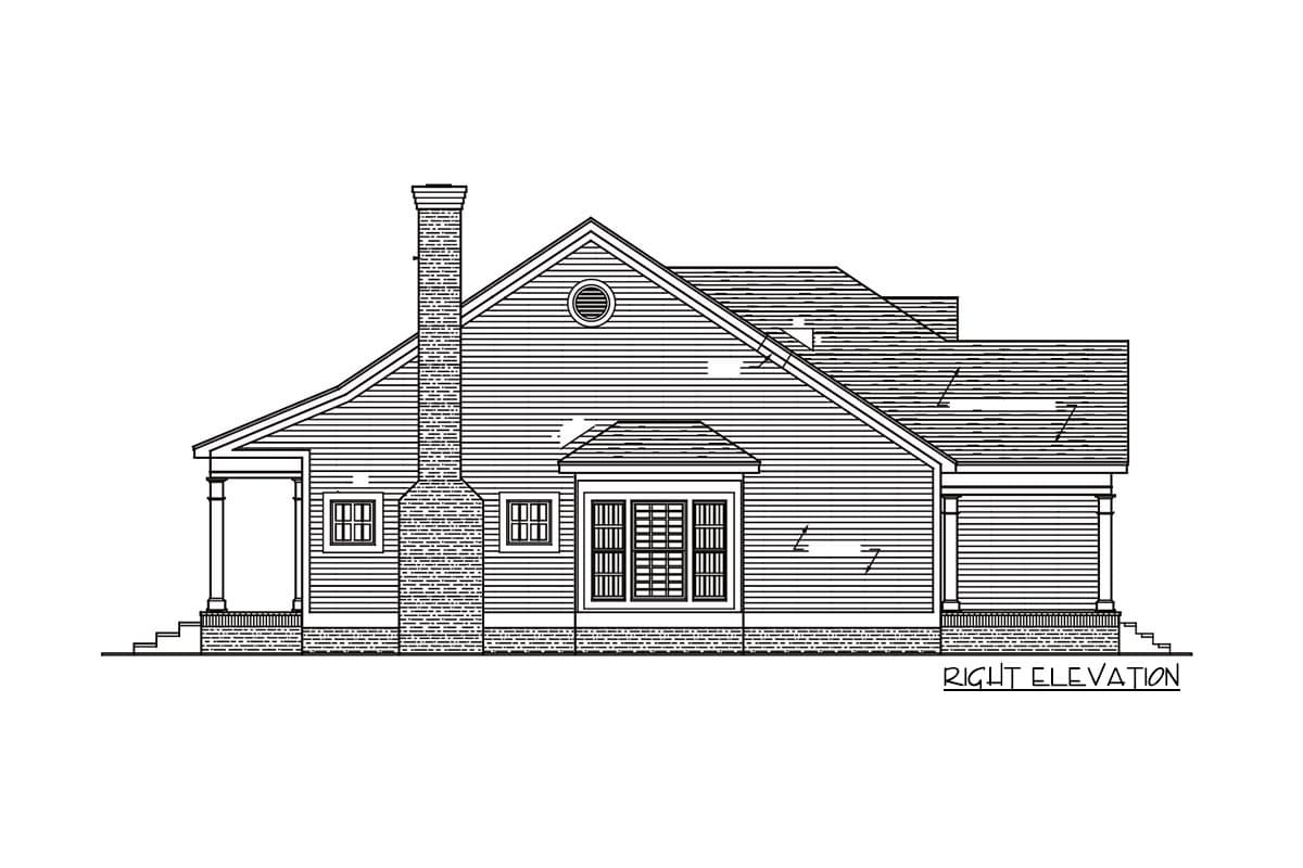 Right elevation house plan showing a single-story home with a gabled roof, prominent brick chimney, and covered porch.