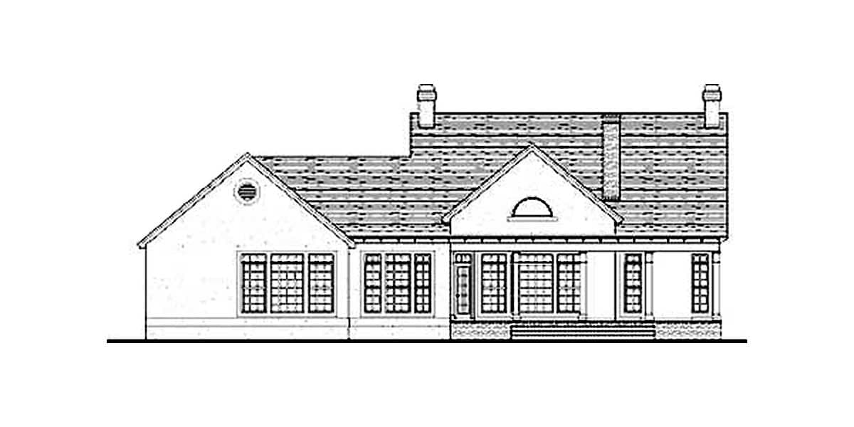 House plan exterior drawing showing a single-story house with multiple gables, a prominent chimney, and a covered porch.