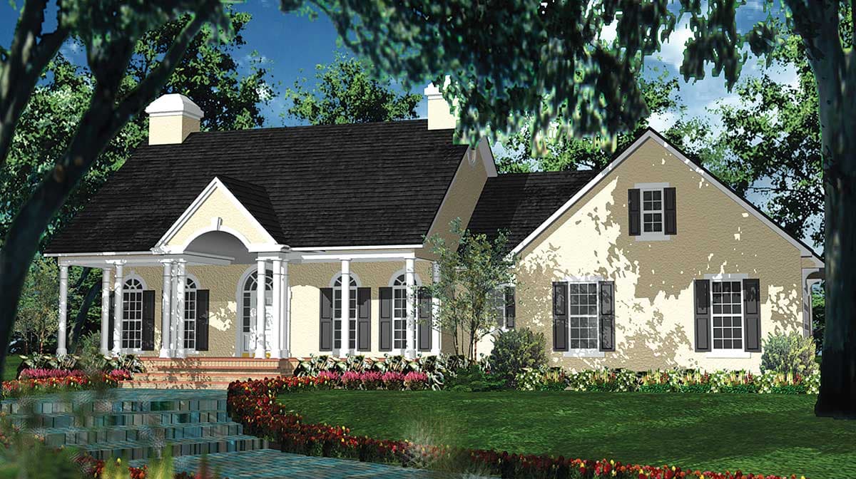 House plan exterior: One-story home with hipped roof, arched front portico with columns, and multiple gabled dormers.