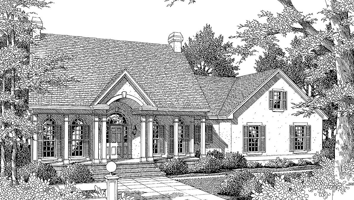House plan exterior drawing of a one-story home with a central gabled dormer, arched entryway, and wrap-around porch supported by columns.