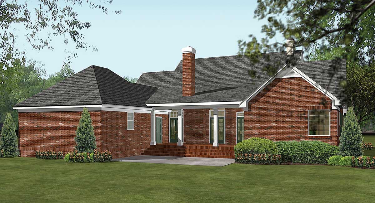 House plan exterior: One-story brick home with a covered porch, prominent chimney, and gabled roofline.
