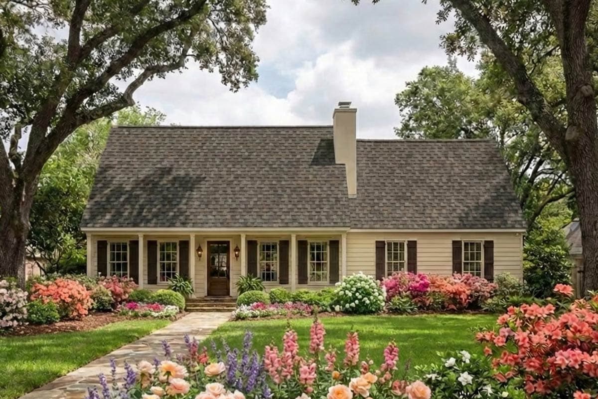 House plan exterior. Two-story Colonial with a front porch, gabled roof, and chimney. Landscaped with flower beds and pathway.