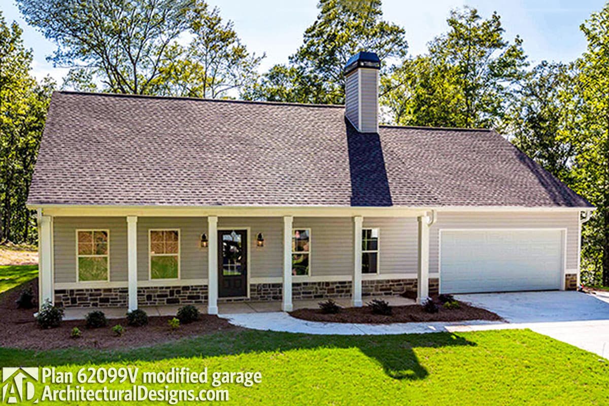 House plan exterior: Ranch style, single-story, with a covered front porch, stone skirting, and attached two-car garage.