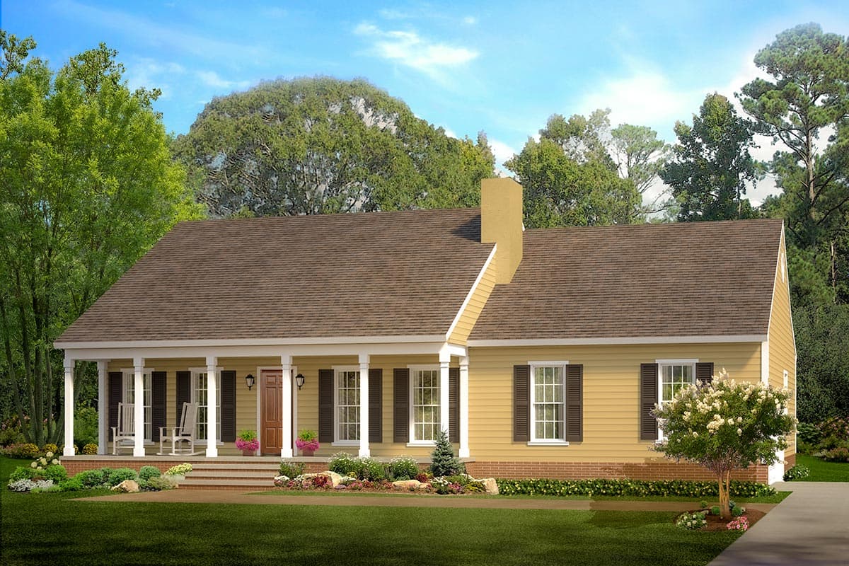 House plan exterior: Traditional ranch style, one story, with a full-width covered porch, prominent chimney, and gabled rooflines.