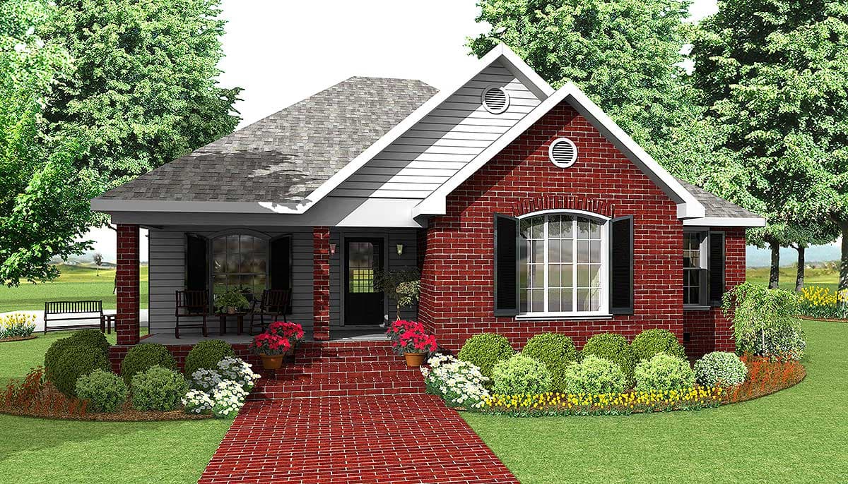 House plan exterior: One-story brick home with a covered front porch, arched windows, gabled dormer, and brick walkway.