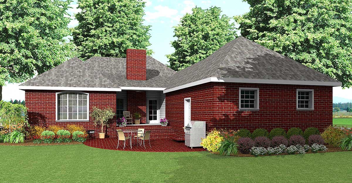 House plan exterior, one-story brick home with a prominent chimney, arched window, and attached garage.