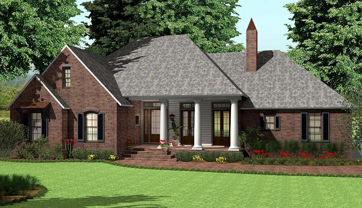 House plan exterior. Brick two-story home with a prominent gable, covered porch with columns, and a brick chimney.