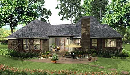 House plan exterior: Ranch style, one story, brick facade, large patio, and prominent chimney.