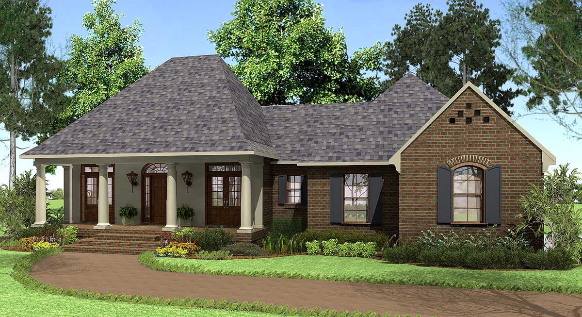 House plan exterior: One-story brick home with prominent covered porch, arched entry, multiple gables, and decorative window shutters.