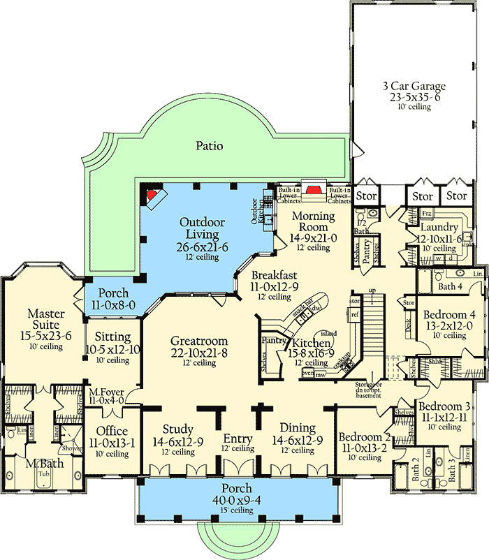 Plan 62118V: 4-Bed Southern House Plan with Home Office and a Separate Study - Floor Plan - Main Level - European, Mediterranean, Ranch, Southern, Southern Traditional, Traditional
