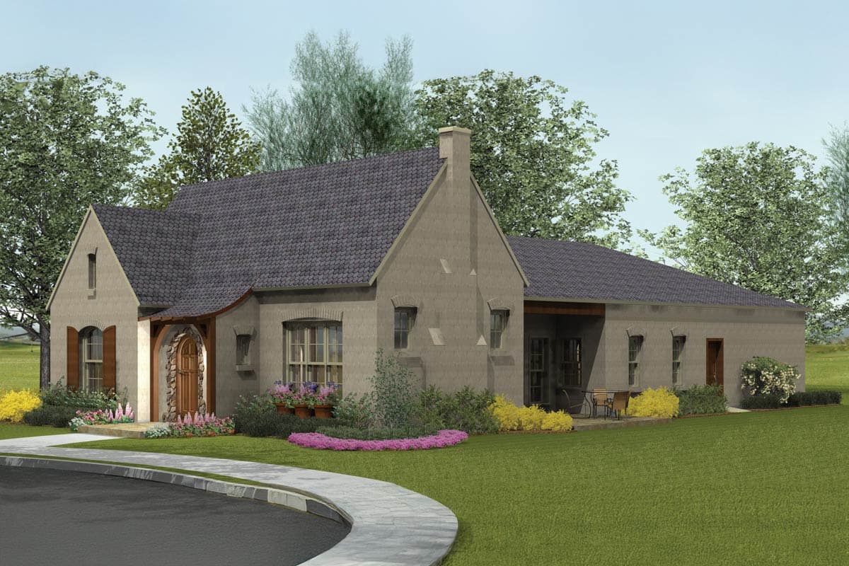House plan exterior: one-story with arched entryway, gabled front, and covered patio.
