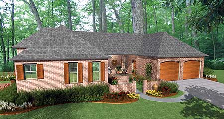 House plan exterior featuring a single-story brick home with a prominent gable, shutters, and a double garage.