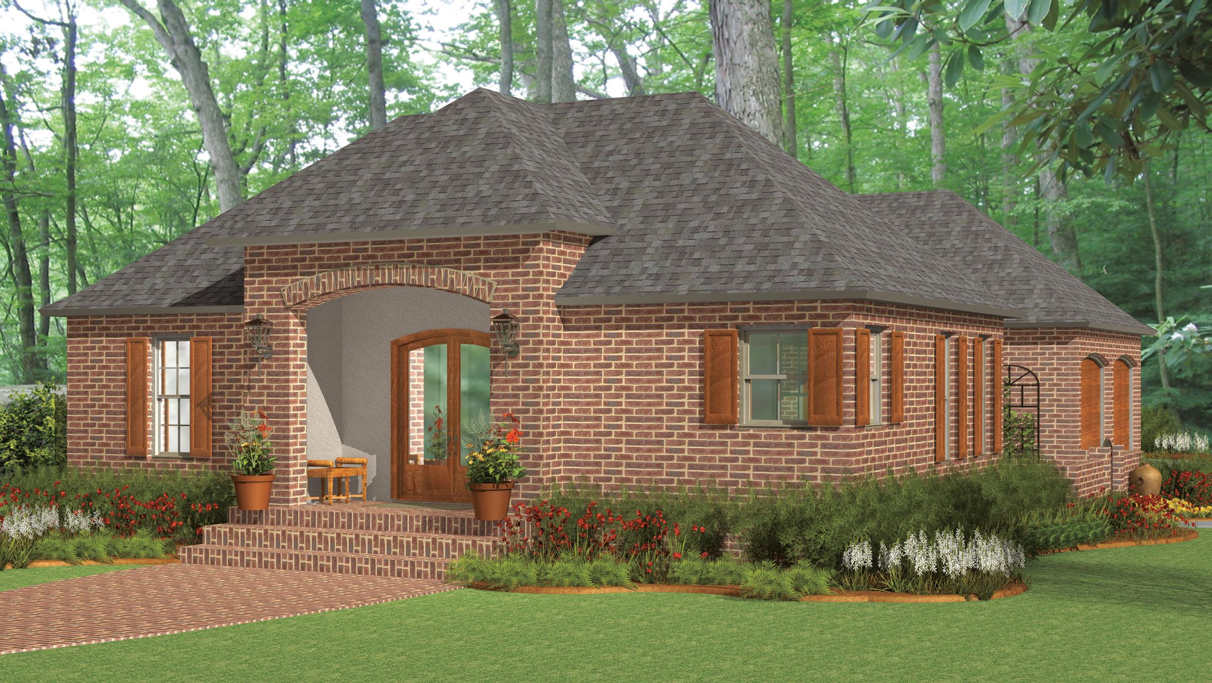 Brick house plan exterior with arched entry, dormers, gable roof, and multi-pane windows.