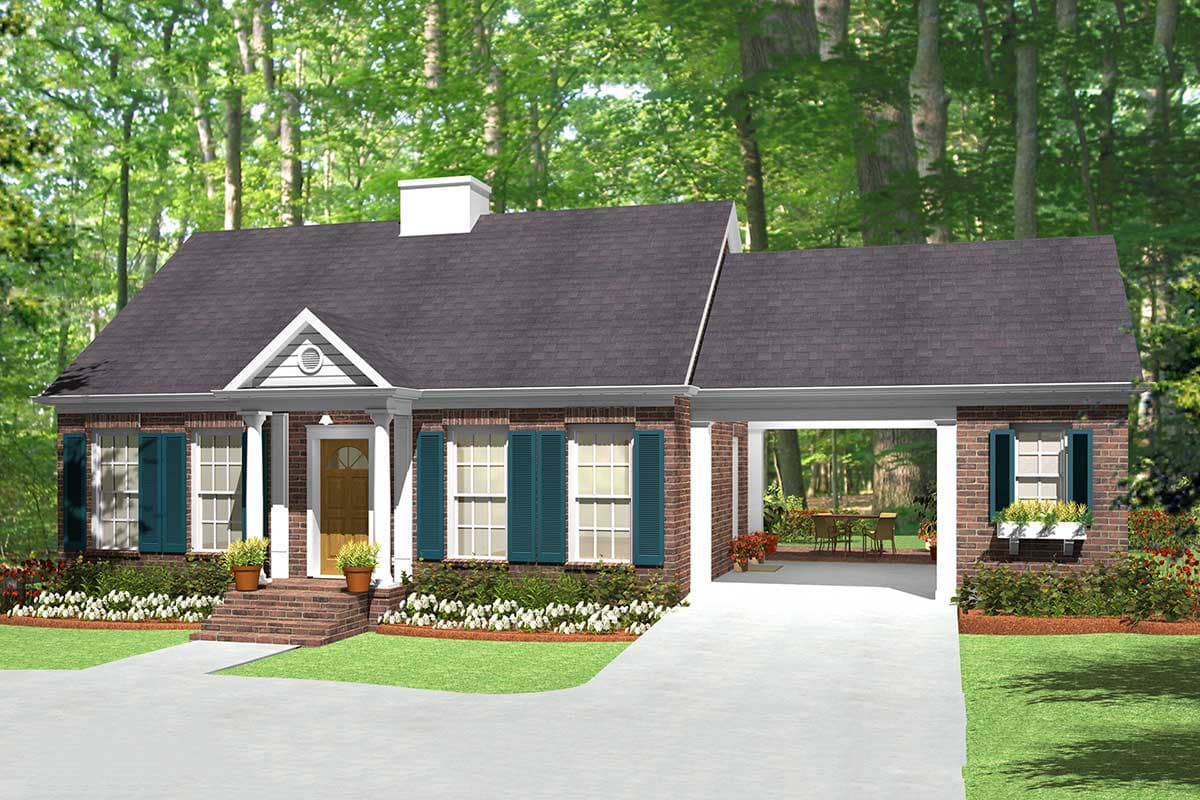 House plan exterior: Brick ranch with covered porch, gabled dormer, and side-facing garage.