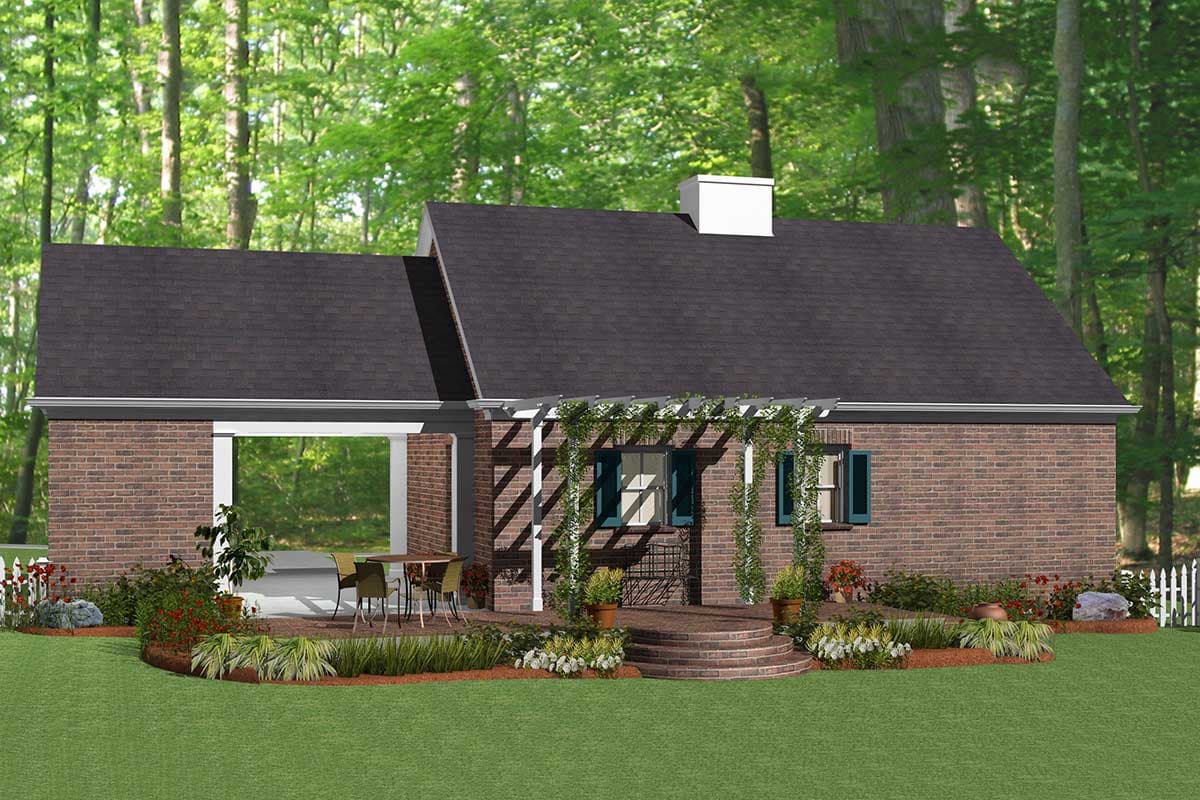 House plan exterior: Brick facade, detached garage, covered patio, and a pergola with climbing vines.