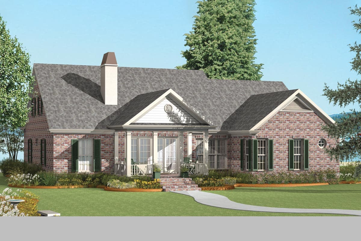 House plan exterior: Two-story brick home with covered front porch, gabled dormers, and prominent chimney.