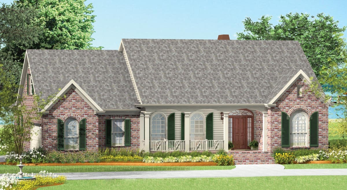 House plan exterior: Brick two-story home with a covered front porch, arched windows, gabled dormers, and a side-entry garage.