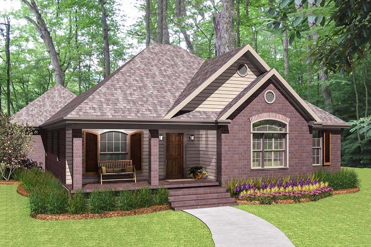 House plan exterior: One-story brick home with covered front porch, gabled dormers, arched window, and varied rooflines.